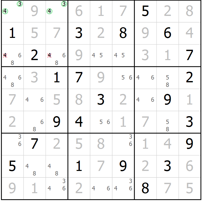 Position des candidats pour la solution de la Gr 12 page 15 du magazine de sudoku Virtuose n° 124