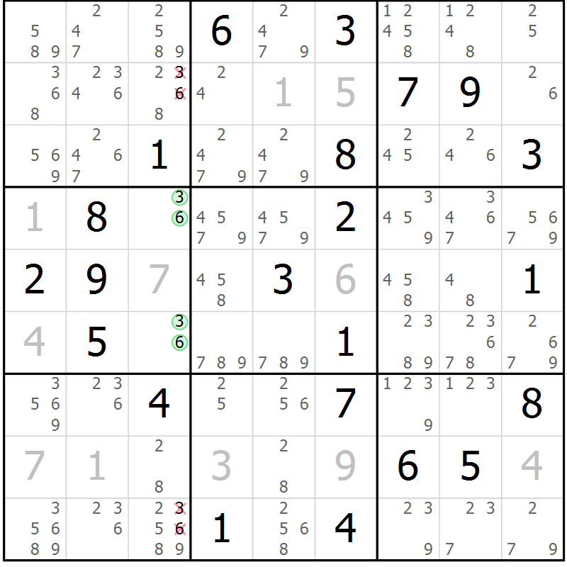 Position des candidats pour la solution de la Gr 13 page 16 du magazine de sudoku Virtuose n° 124