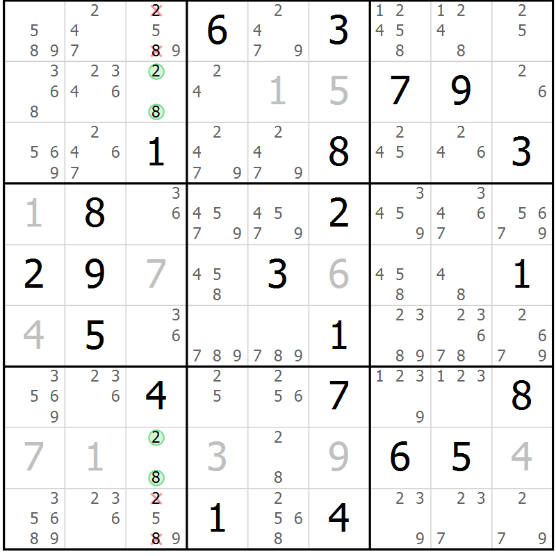 Position des candidats pour la solution de la Gr 13 page 16 du magazine de sudoku Virtuose n° 124