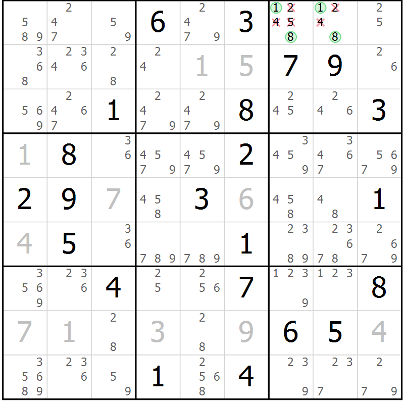 Position des candidats pour la solution de la Gr 13 page 16 du magazine de sudoku Virtuose n° 124