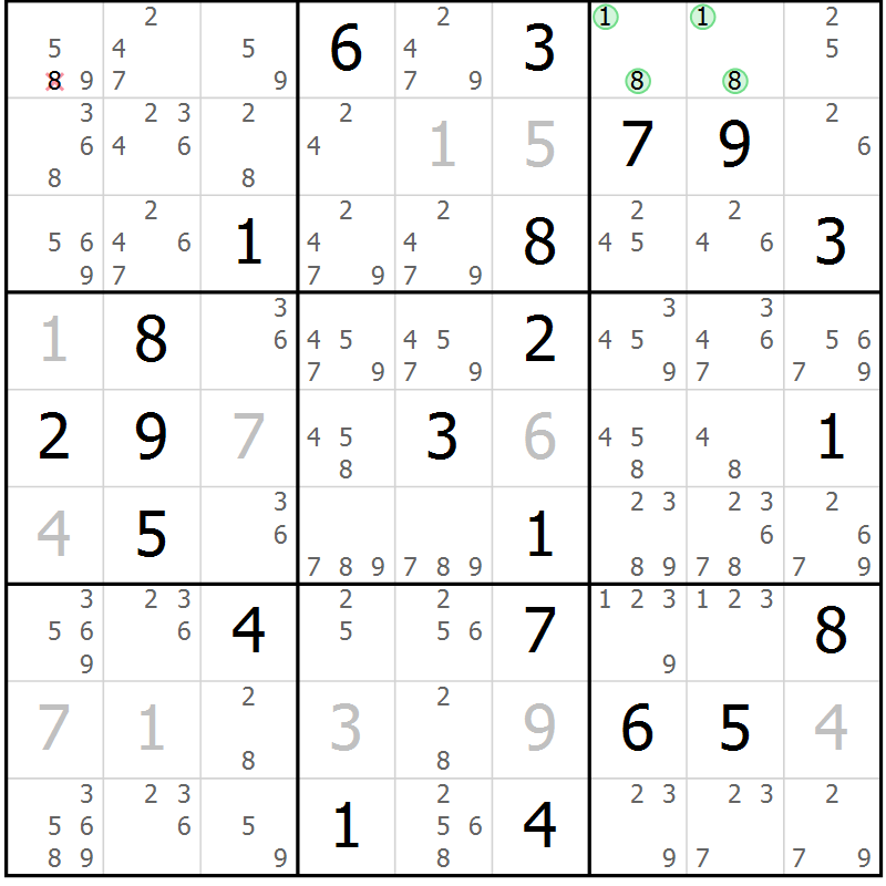 Position des candidats pour la solution de la Gr 13 page 16 du magazine de sudoku Virtuose n° 124