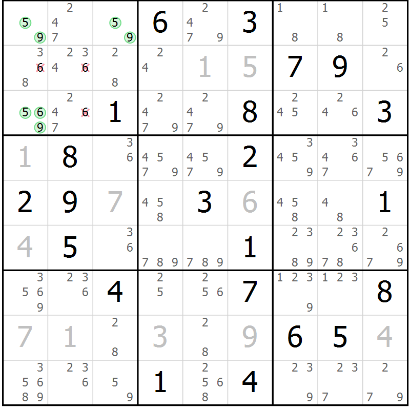 Position des candidats pour la solution de la Gr 13 page 16 du magazine de sudoku Virtuose n° 124