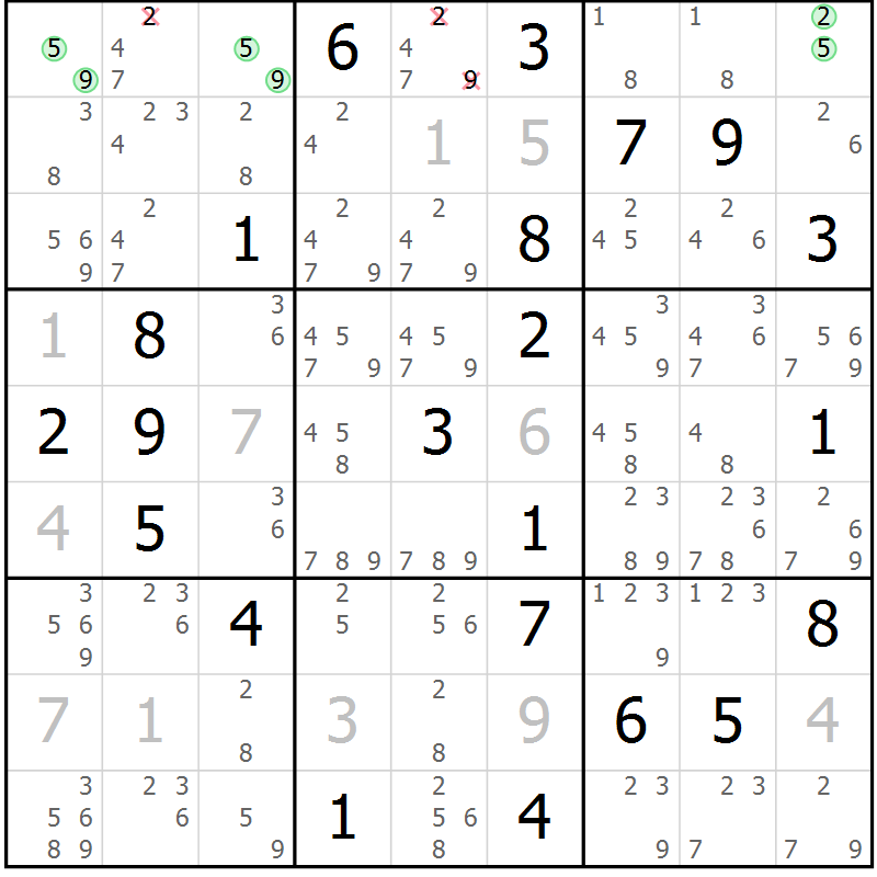 Position des candidats pour la solution de la Gr 13 page 16 du magazine de sudoku Virtuose n° 124