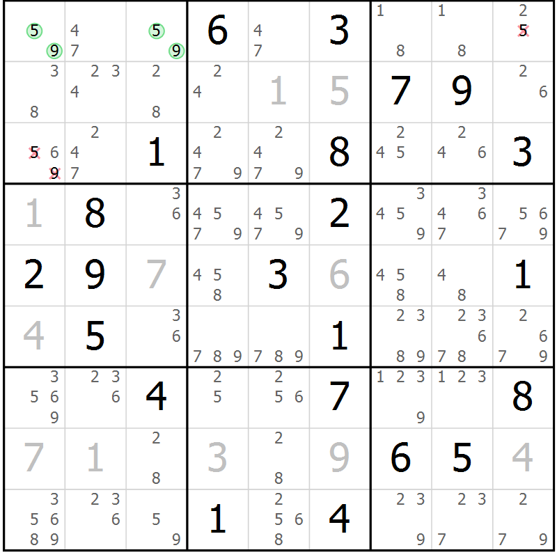Position des candidats pour la solution de la Gr 13 page 16 du magazine de sudoku Virtuose n° 124