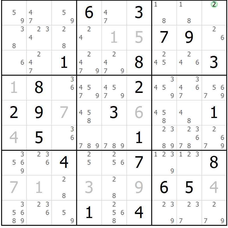 Position des candidats pour la solution de la Gr 13 page 16 du magazine de sudoku Virtuose n° 124