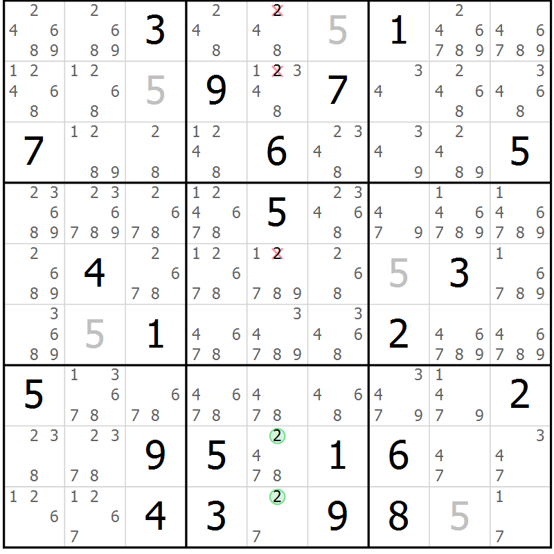 Position des candidats pour la solution de la Gr 14 page 17 du magazine de sudoku Virtuose n° 124