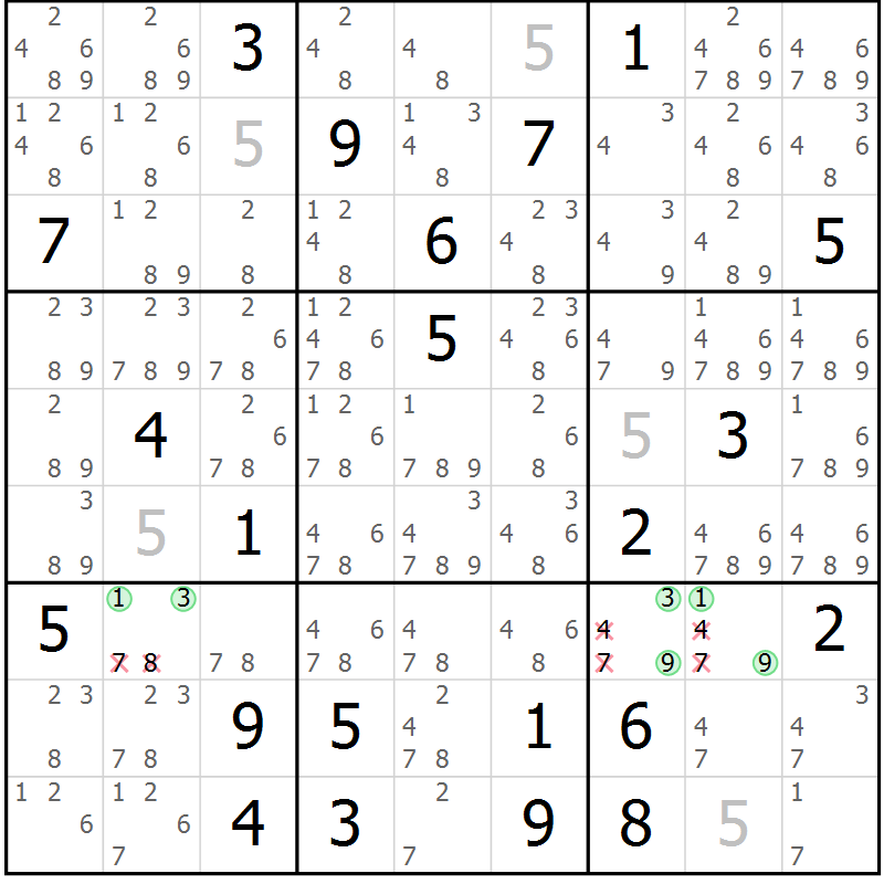 Position des candidats pour la solution de la Gr 14 page 17 du magazine de sudoku Virtuose n° 124