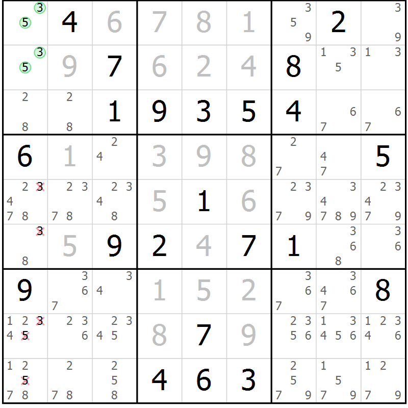 Position des candidats pour la solution de la Gr 15 page 18 du magazine de sudoku Virtuose n° 124