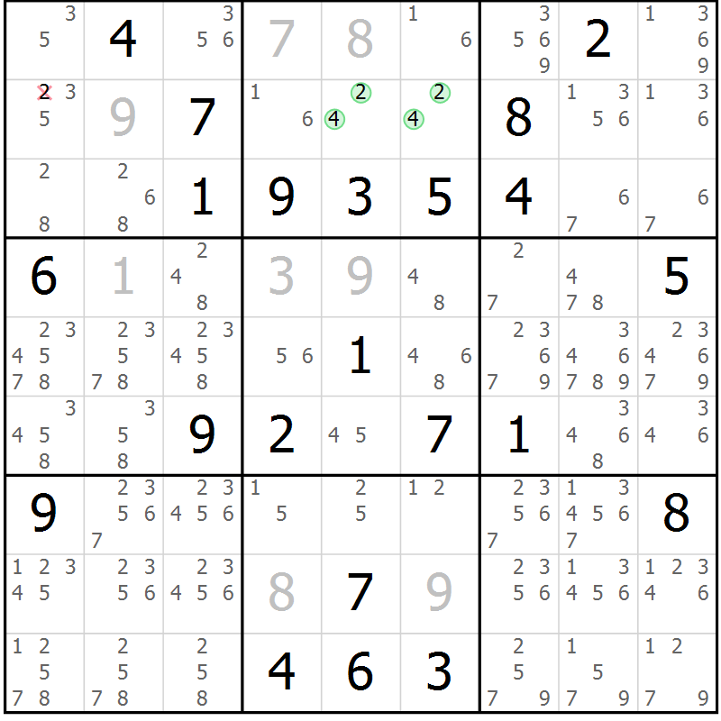 Position des candidats pour la solution de la Gr 15 page 18 du magazine de sudoku Virtuose n° 124