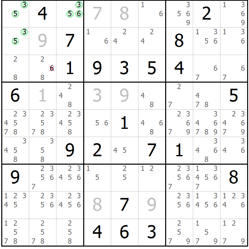 Position des candidats pour la solution de la Gr 15 page 18 du magazine de sudoku Virtuose n° 124