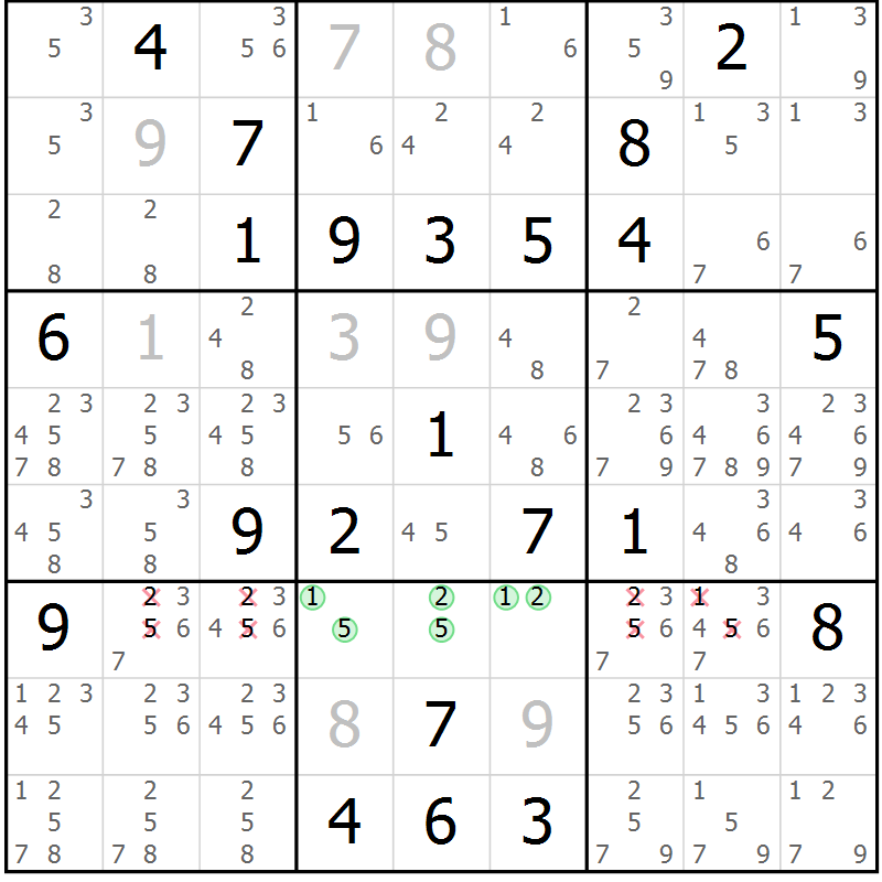 Position des candidats pour la solution de la Gr 15 page 18 du magazine de sudoku Virtuose n° 124