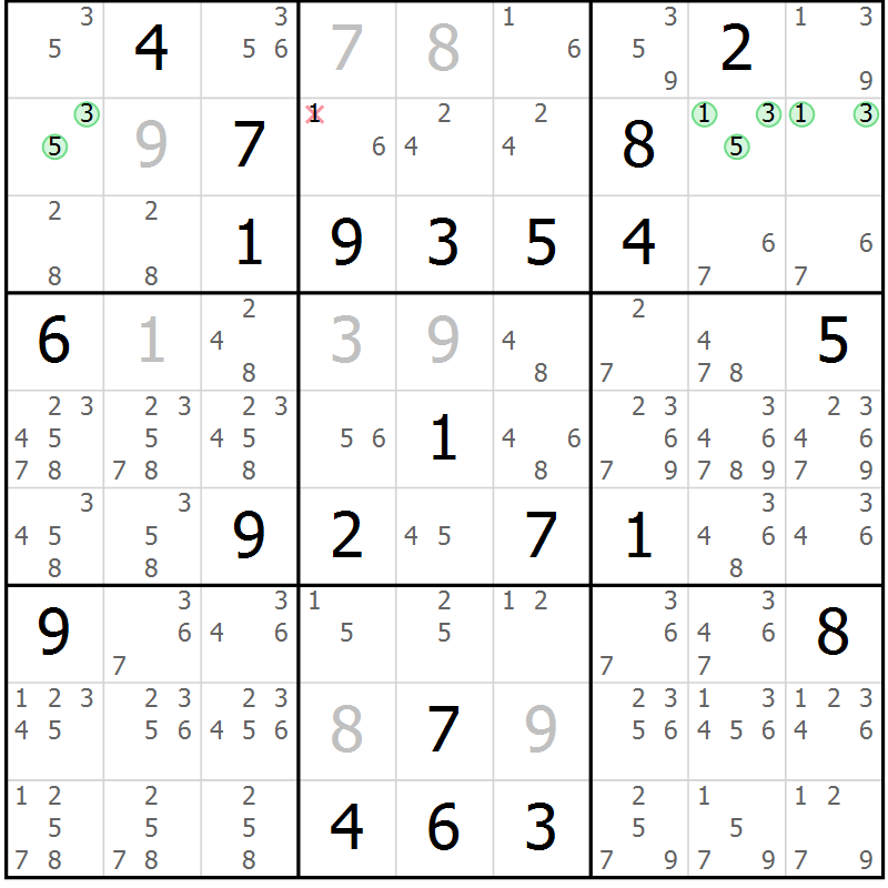 Position des candidats pour la solution de la Gr 15 page 18 du magazine de sudoku Virtuose n° 124
