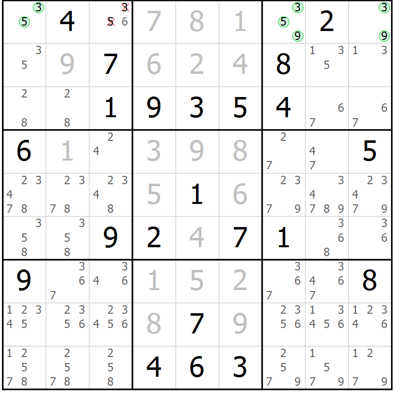 Position des candidats pour la solution de la Gr 15 page 18 du magazine de sudoku Virtuose n° 124