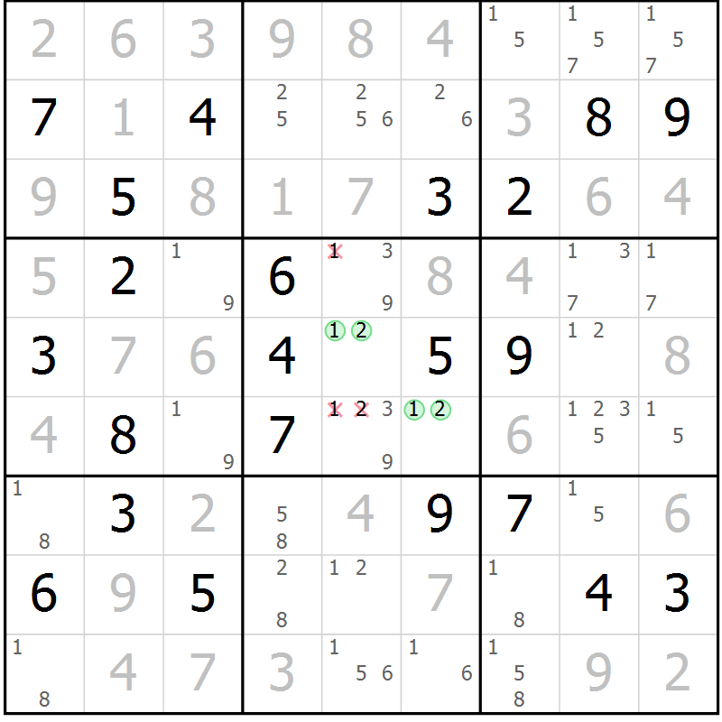 Position des candidats pour la solution de la Gr 16 page 19 du magazine de sudoku Virtuose n° 124