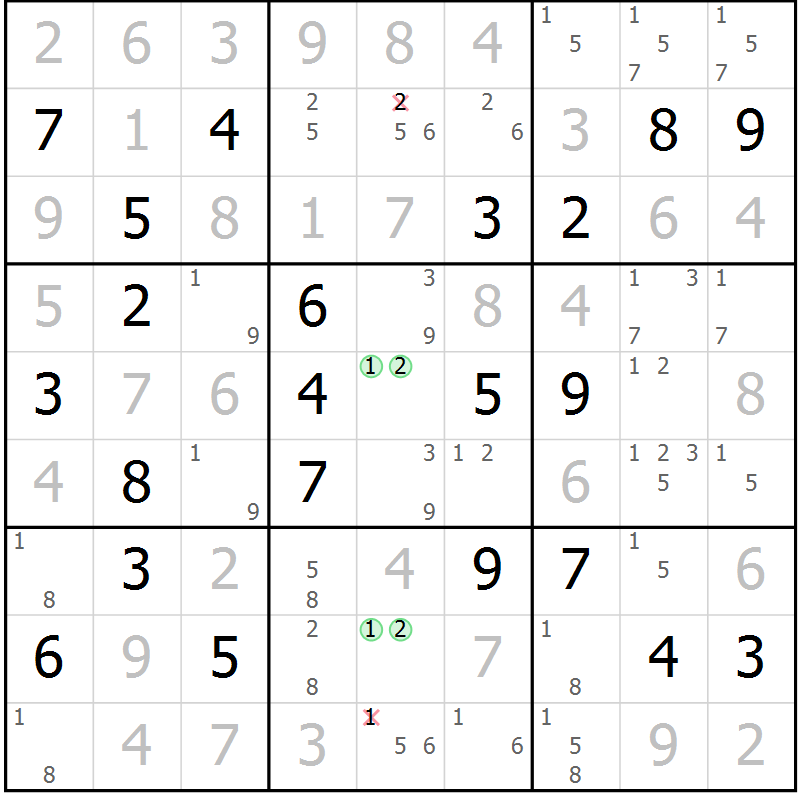 Position des candidats pour la solution de la Gr 16 page 19 du magazine de sudoku Virtuose n° 124