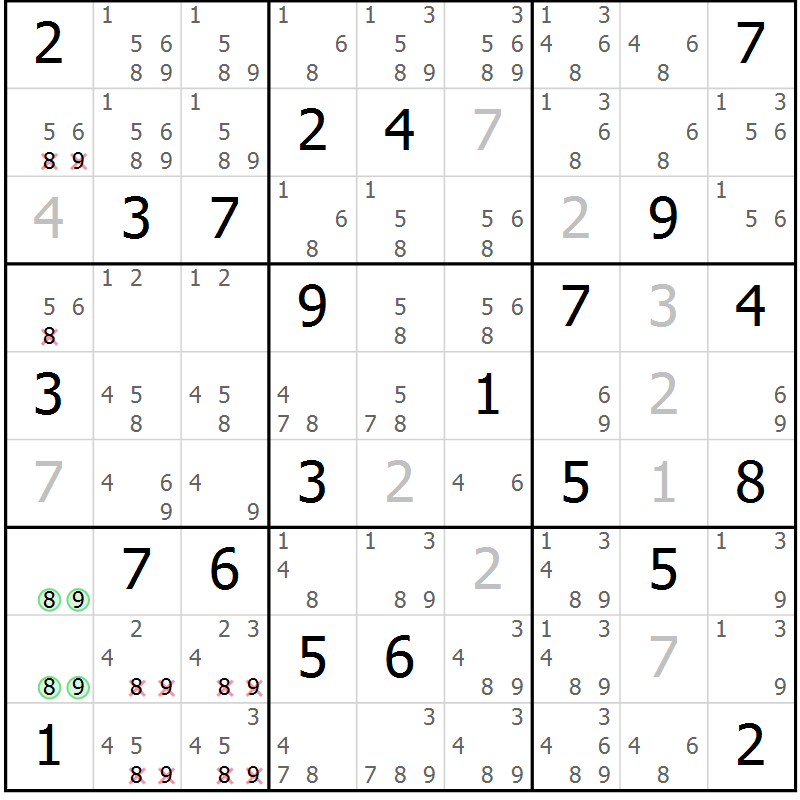 Position des candidats pour la solution de la Gr 17 page 20 du magazine de sudoku Virtuose n° 124