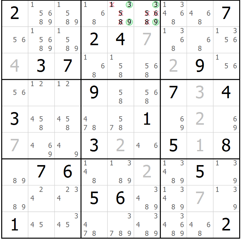 Position des candidats pour la solution de la Gr 17 page 20 du magazine de sudoku Virtuose n° 124