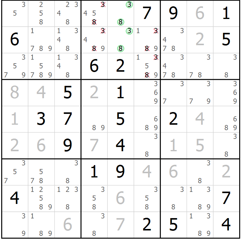 Position des candidats pour la solution de la Gr 18 page 21 du magazine de sudoku Virtuose n° 124