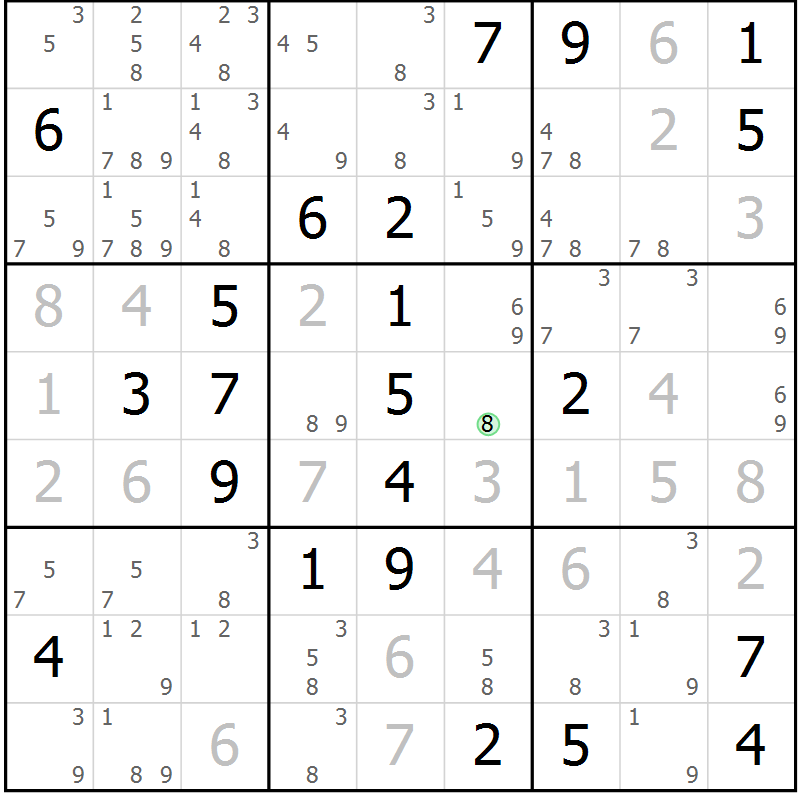 Position des candidats pour la solution de la Gr 18 page 21 du magazine de sudoku Virtuose n° 124