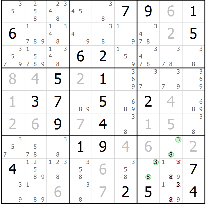 Position des candidats pour la solution de la Gr 18 page 21 du magazine de sudoku Virtuose n° 124