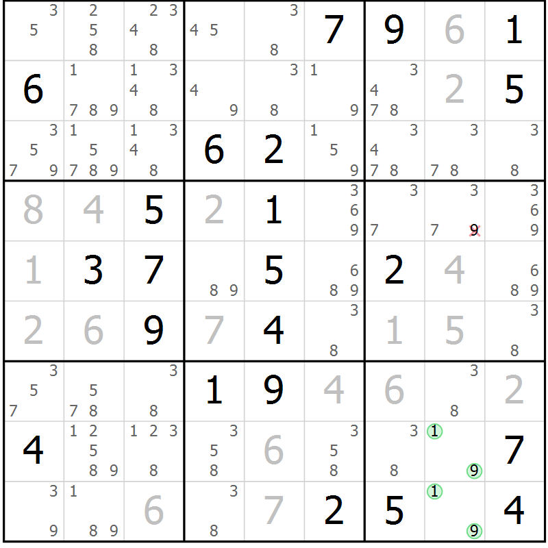 Position des candidats pour la solution de la Gr 18 page 21 du magazine de sudoku Virtuose n° 124