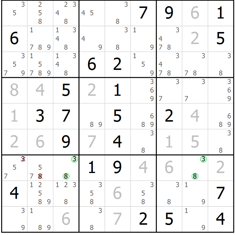 Position des candidats pour la solution de la Gr 18 page 21 du magazine de sudoku Virtuose n° 124