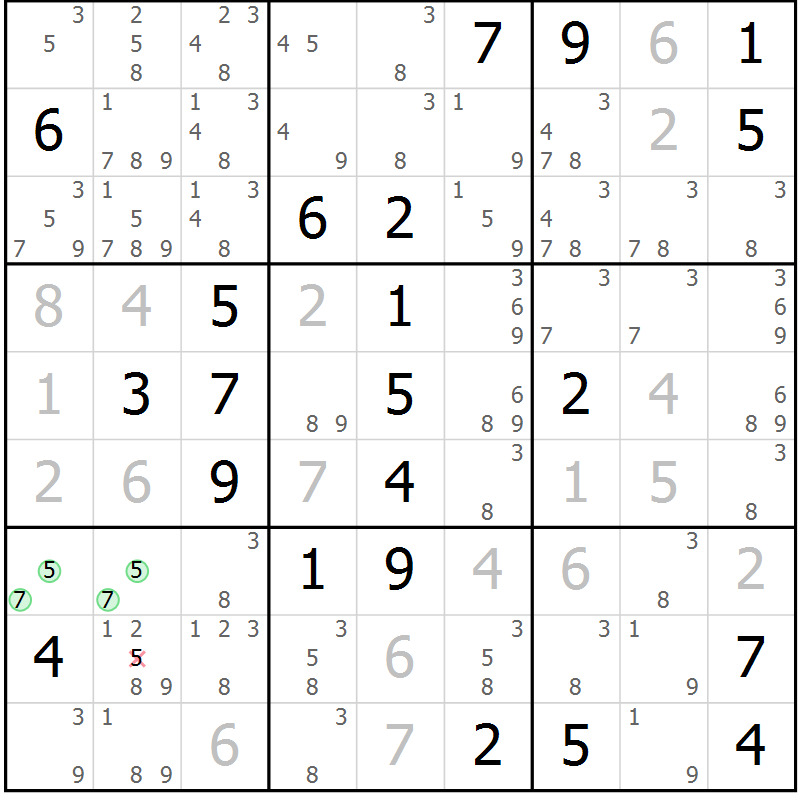 Position des candidats pour la solution de la Gr 18 page 21 du magazine de sudoku Virtuose n° 124