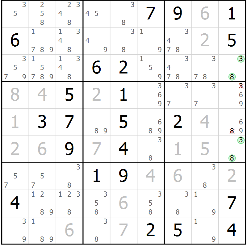 Position des candidats pour la solution de la Gr 18 page 21 du magazine de sudoku Virtuose n° 124