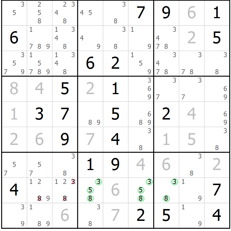 Position des candidats pour la solution de la Gr 18 page 21 du magazine de sudoku Virtuose n° 124