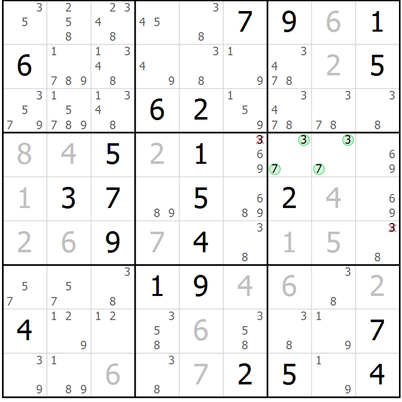 Position des candidats pour la solution de la Gr 18 page 21 du magazine de sudoku Virtuose n° 124