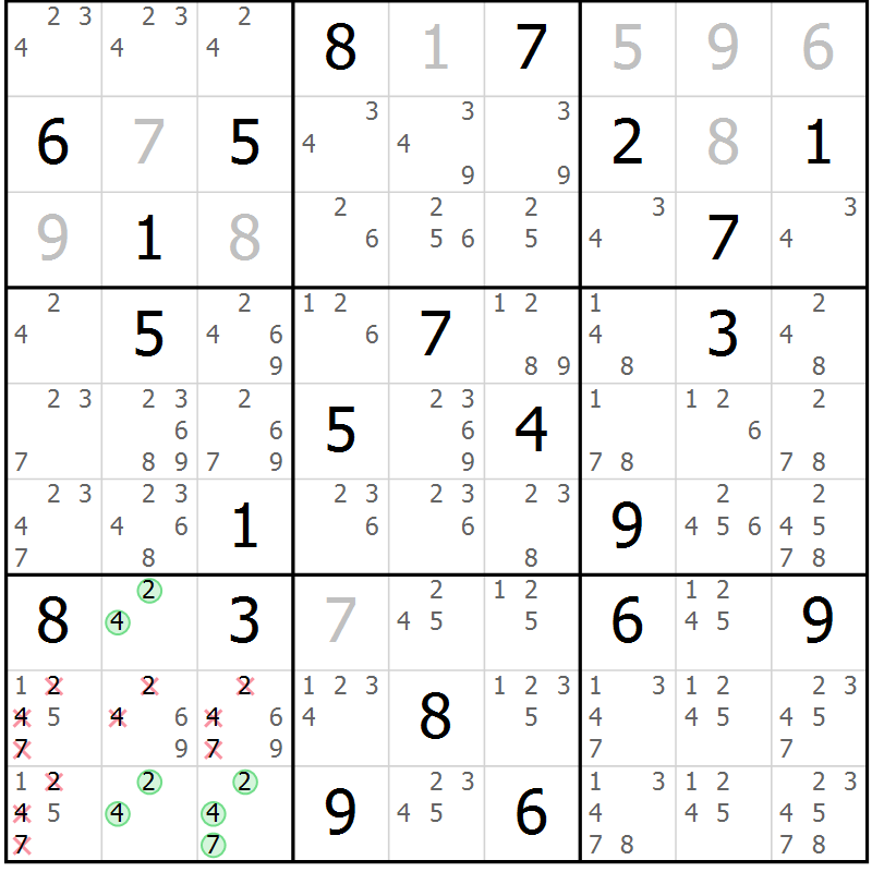 Position des candidats pour la solution de la Gr 19 page 22 du magazine de sudoku Virtuose n° 124