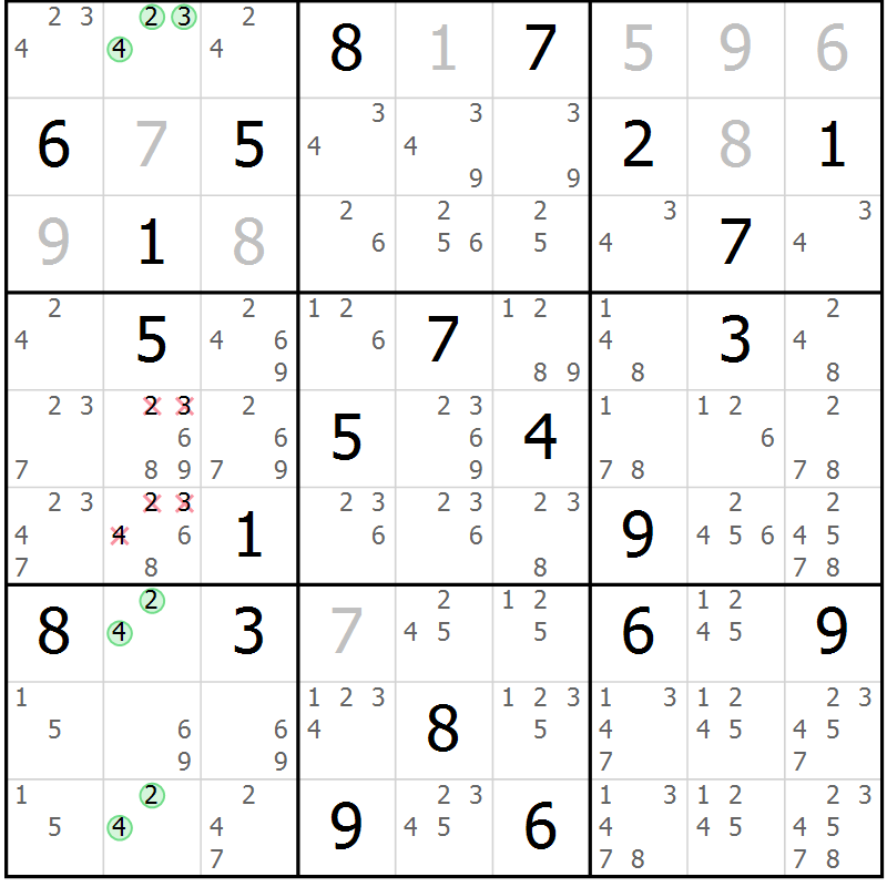 Position des candidats pour la solution de la Gr 19 page 22 du magazine de sudoku Virtuose n° 124