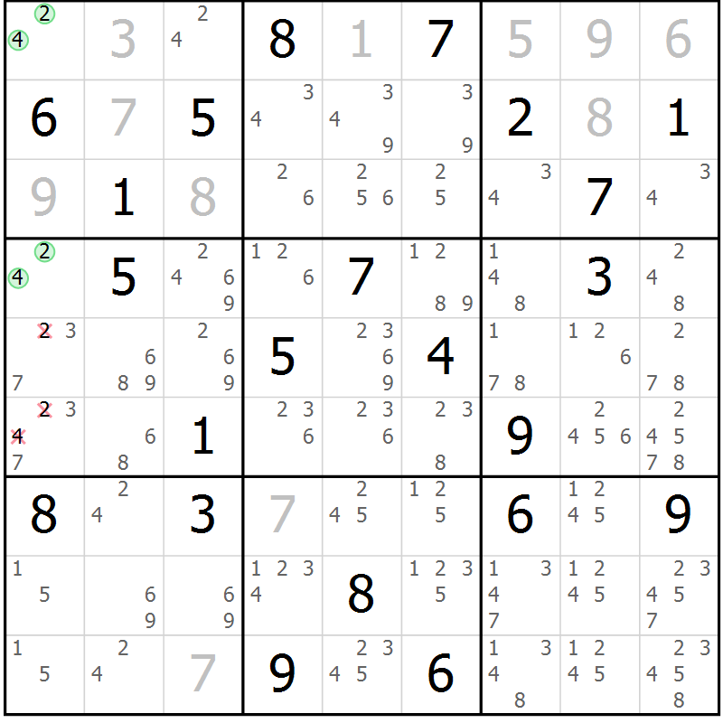 Position des candidats pour la solution de la Gr 19 page 22 du magazine de sudoku Virtuose n° 124