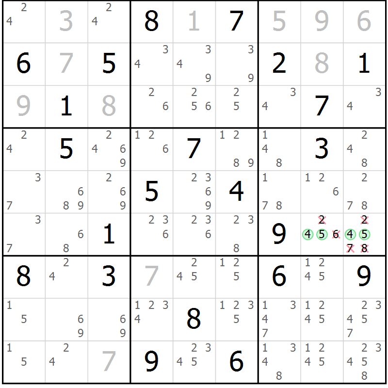 Position des candidats pour la solution de la Gr 19 page 22 du magazine de sudoku Virtuose n° 124