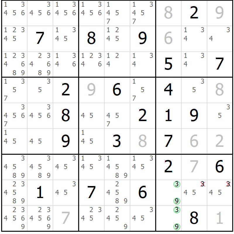 Position des candidats pour la solution de la Gr 2 page 5 du magazine de sudoku Virtuose n° 124