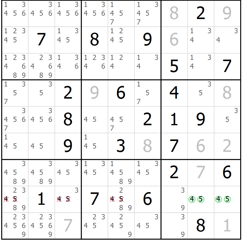 Position des candidats pour la solution de la Gr 2 page 5 du magazine de sudoku Virtuose n° 124