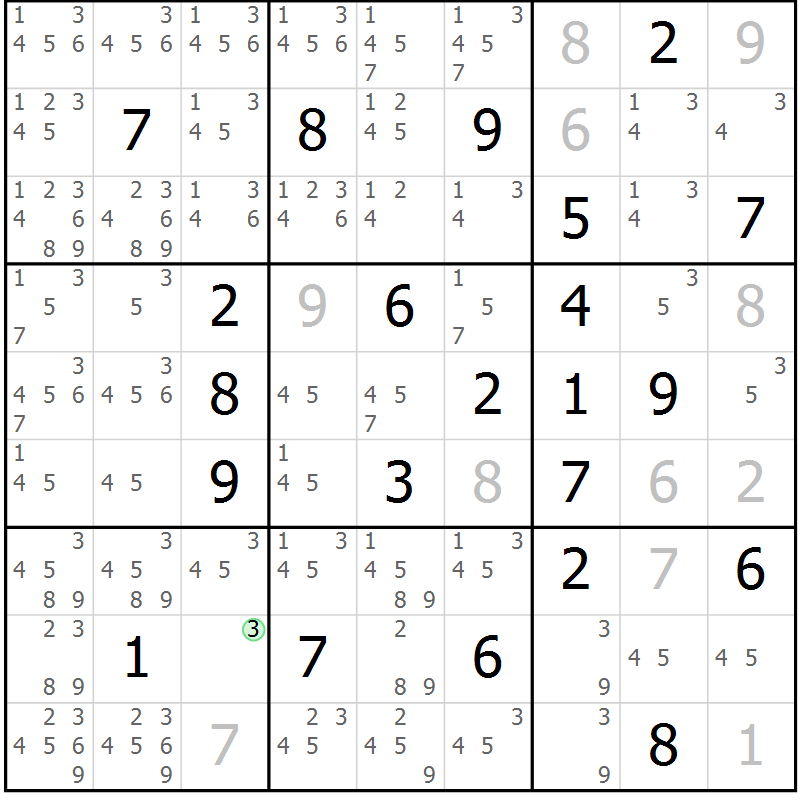 Position des candidats pour la solution de la Gr 2 page 5 du magazine de sudoku Virtuose n° 124