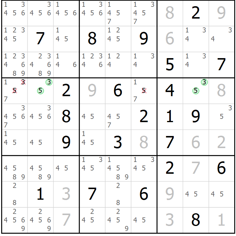 Position des candidats pour la solution de la Gr 2 page 5 du magazine de sudoku Virtuose n° 124