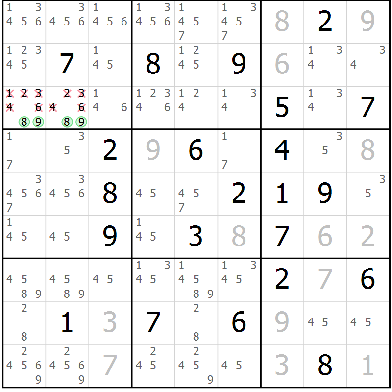 Position des candidats pour la solution de la Gr 2 page 5 du magazine de sudoku Virtuose n° 124