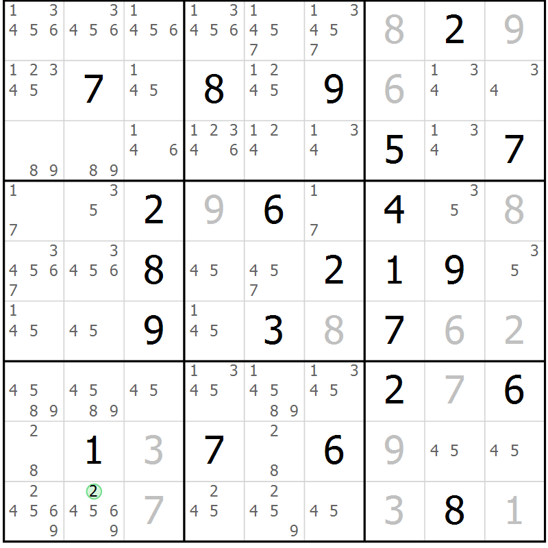 Position des candidats pour la solution de la Gr 2 page 5 du magazine de sudoku Virtuose n° 124