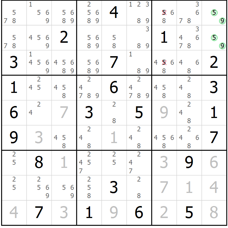 Position des candidats pour la solution de la Gr 20 page 23 du magazine de sudoku Virtuose n° 124