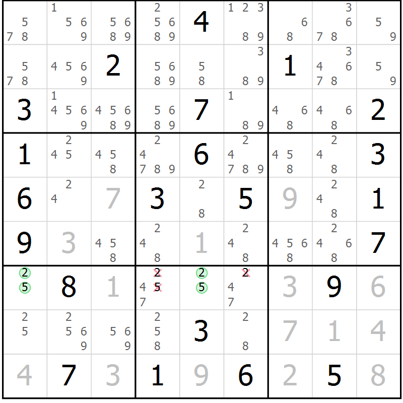 Position des candidats pour la solution de la Gr 20 page 23 du magazine de sudoku Virtuose n° 124