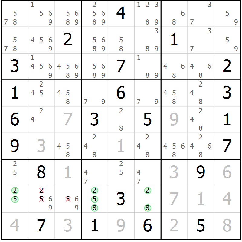 Position des candidats pour la solution de la Gr 20 page 23 du magazine de sudoku Virtuose n° 124