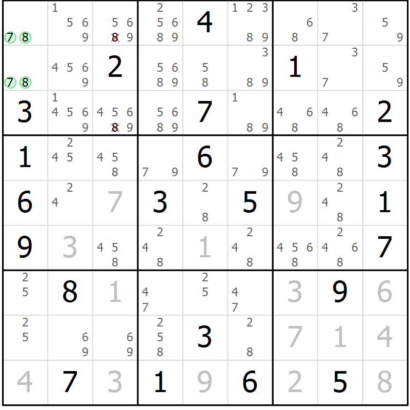 Position des candidats pour la solution de la Gr 20 page 23 du magazine de sudoku Virtuose n° 124