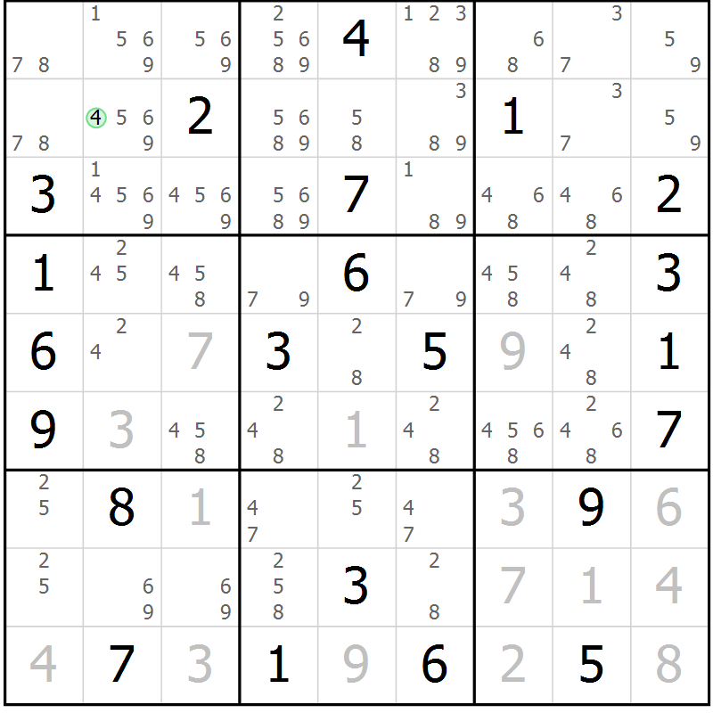 Position des candidats pour la solution de la Gr 20 page 23 du magazine de sudoku Virtuose n° 124