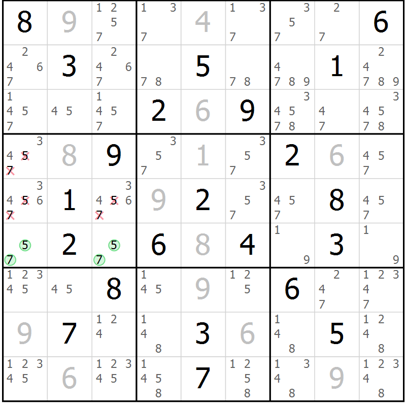 Position des candidats pour la solution de la Gr 21 page 24 du magazine de sudoku Virtuose n° 124
