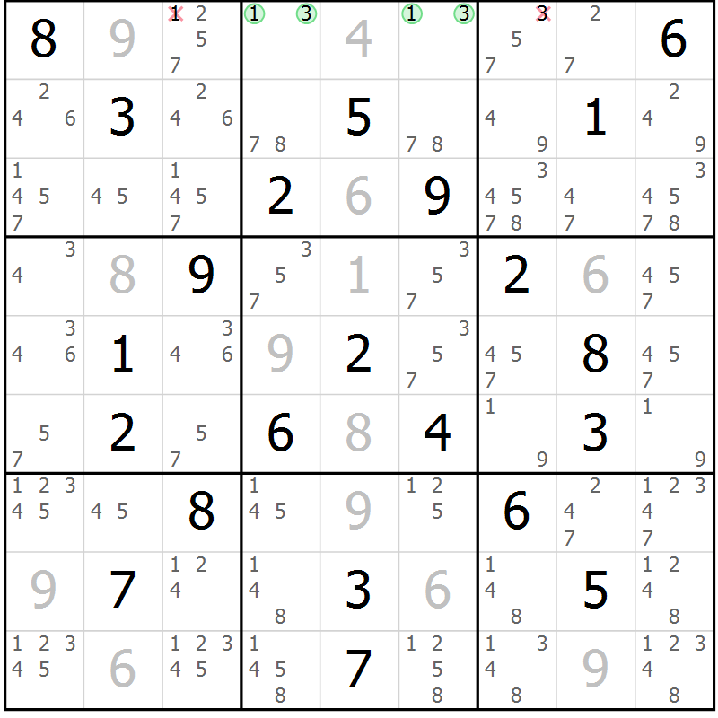 Position des candidats pour la solution de la Gr 21 page 24 du magazine de sudoku Virtuose n° 124
