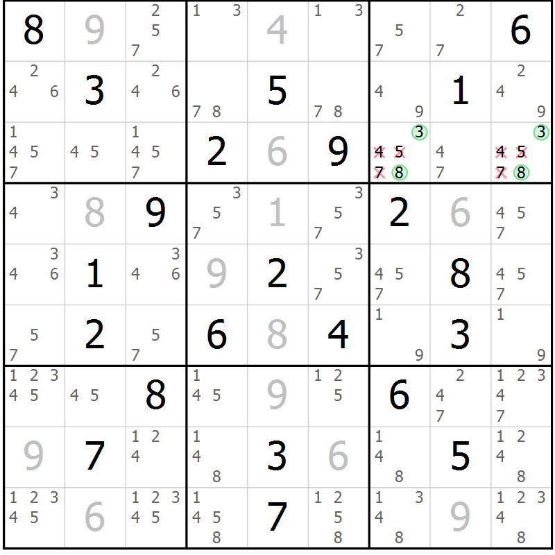 Position des candidats pour la solution de la Gr 21 page 24 du magazine de sudoku Virtuose n° 124