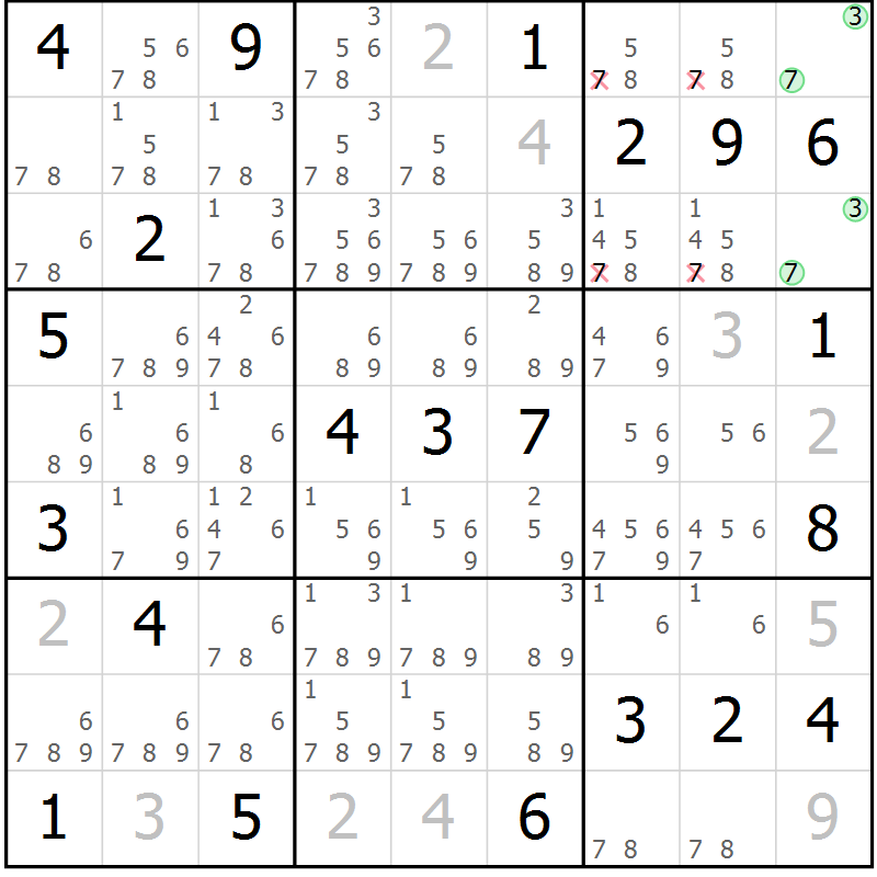 Position des candidats pour la solution de la Gr 22 page 25 du magazine de sudoku Virtuose n° 124