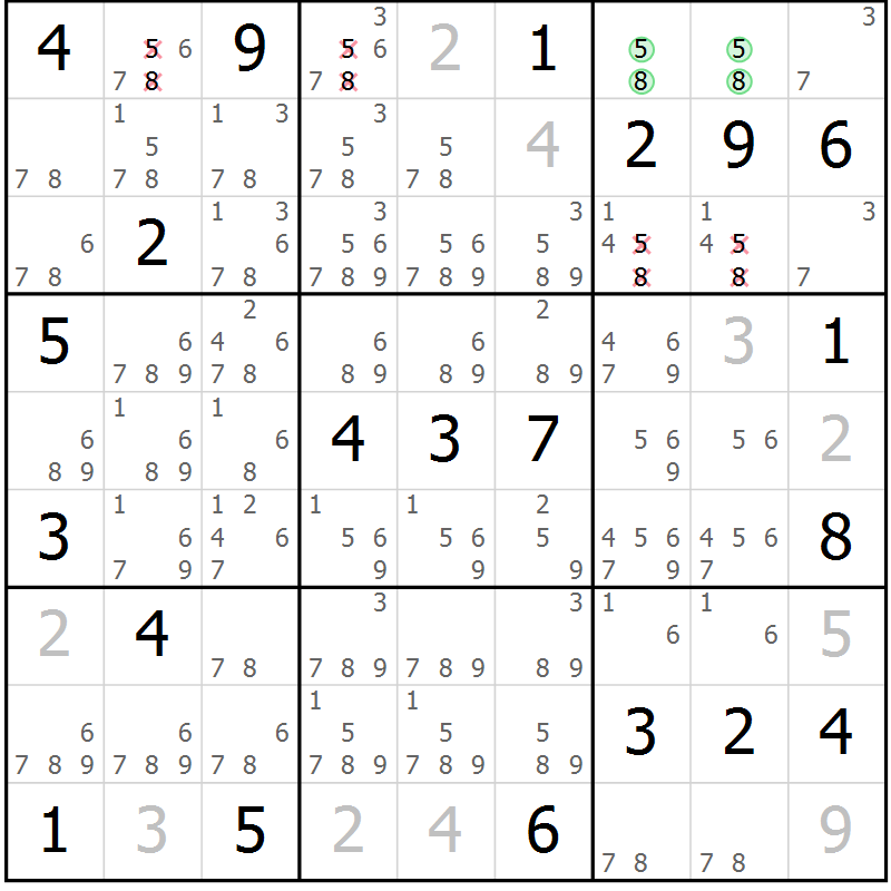 Position des candidats pour la solution de la Gr 22 page 25 du magazine de sudoku Virtuose n° 124